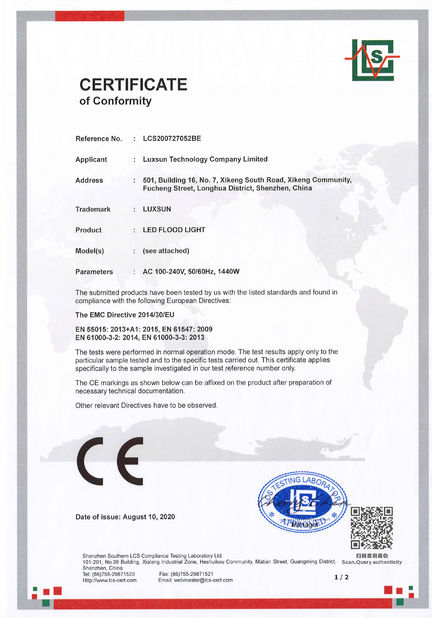 中国 Luxsun lighting Co.,Ltd 認証